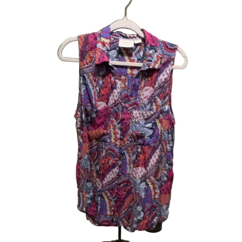 Maeve Sleeveless Collared Blouse Women's Large Multi Viscose Abstract V-Neck